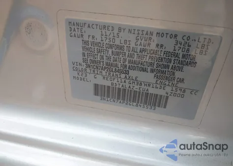 2016 Nissan Versa 1.6 S+ из США, поврежденный, VIN 3N1CN7AP2GL845533